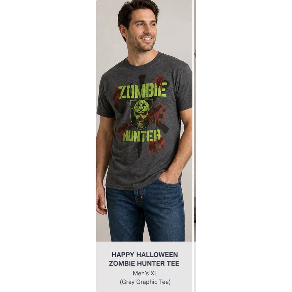 Happy Halloween Zombie Hunter Skull Graphic T Shirt Men XL Gray Horror Tee